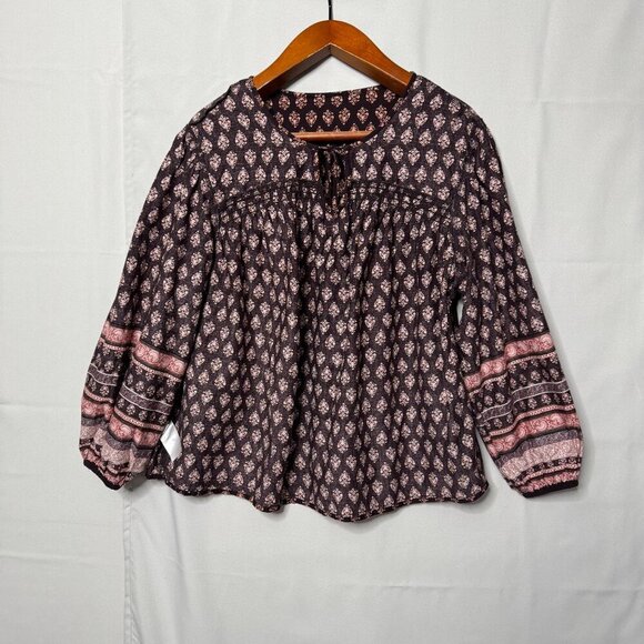 Old Navy Long Ballon Sleeve Smocked Brown Printed Poet Peasant Blouse Size Large - Picture 11 of 14